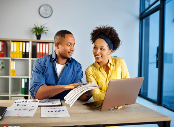 Firefly An image featuring a black man and black woman working together at a desk in a professional