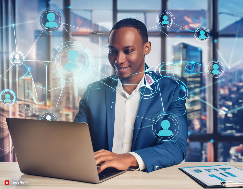 Firefly An image featuring a black man professional working on a laptop with a LinkedIn profile open